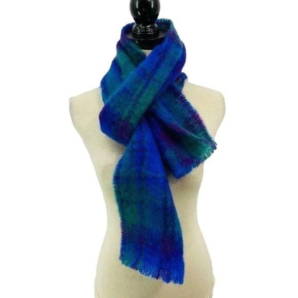 Donegal Design Mohair Wool Purple Green Plaid Scarf Cozy - Picture 4 of 6